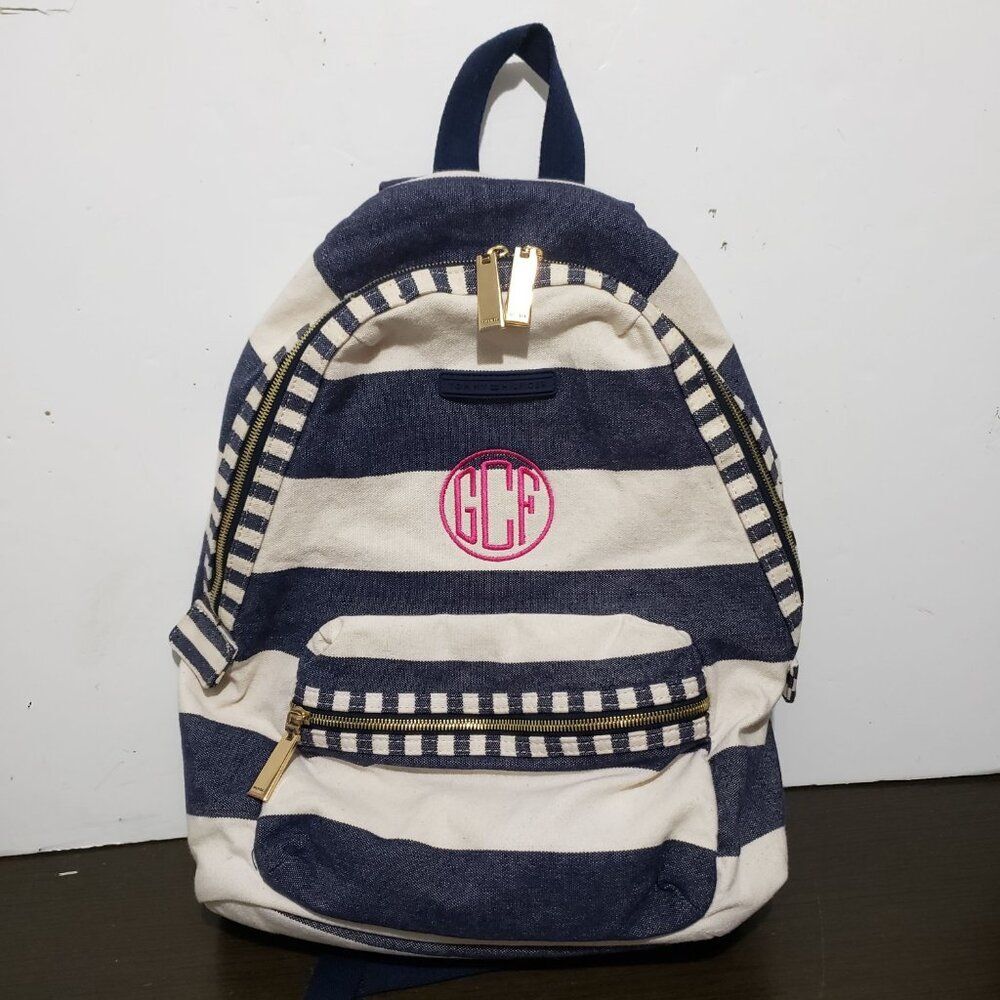 Tommy Hilfiger Ivory Blue Striped Canvas Backpack Laptop Slot School Travel